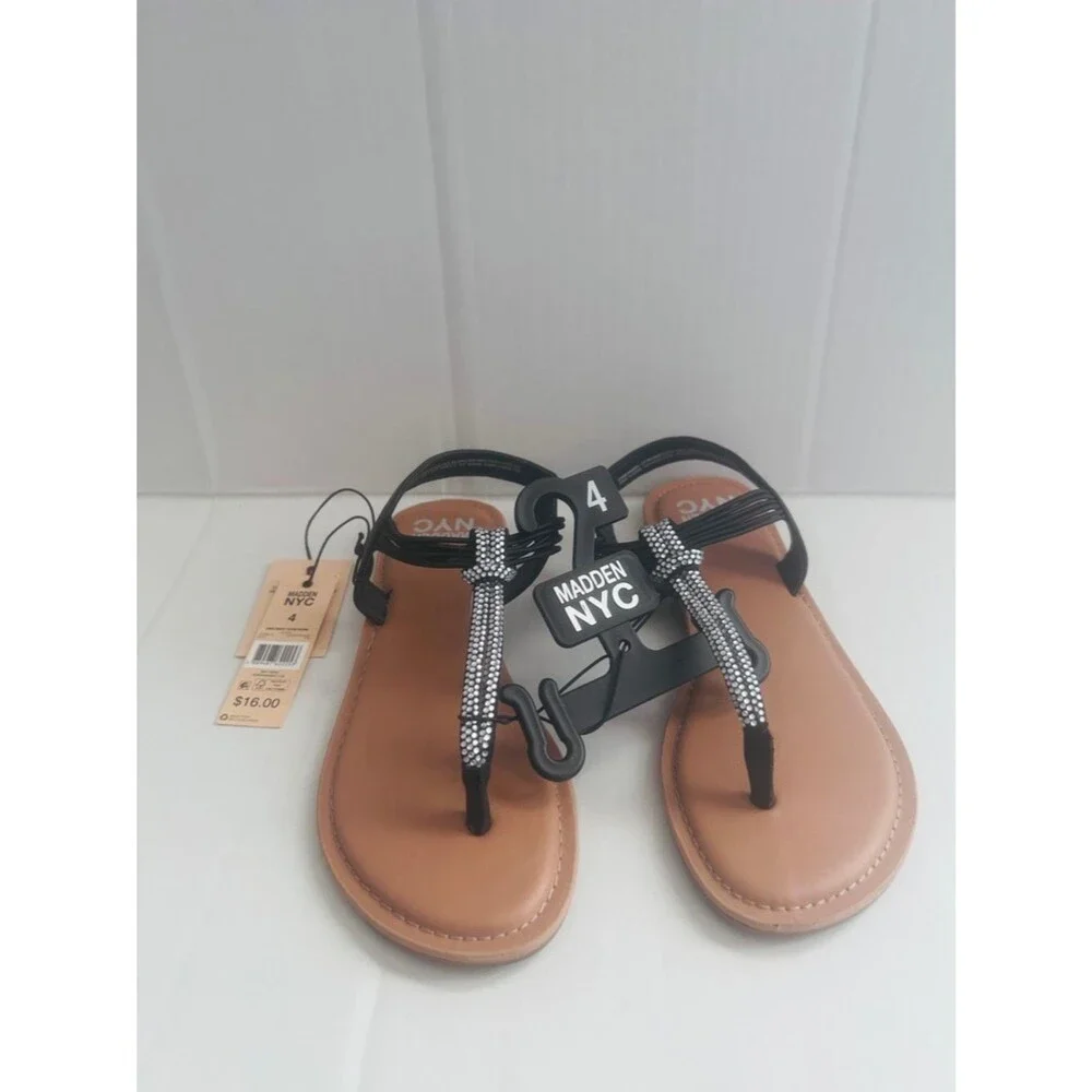 Madden NYC Girls' Black Rhinestone T-Strap Sandals